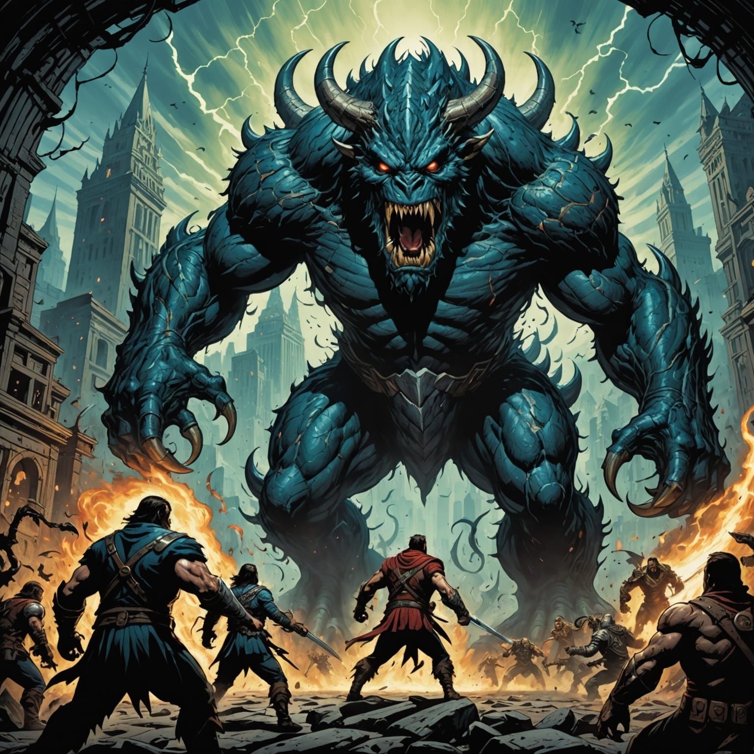 Giant Monsters Clash in Comic Book Art Style