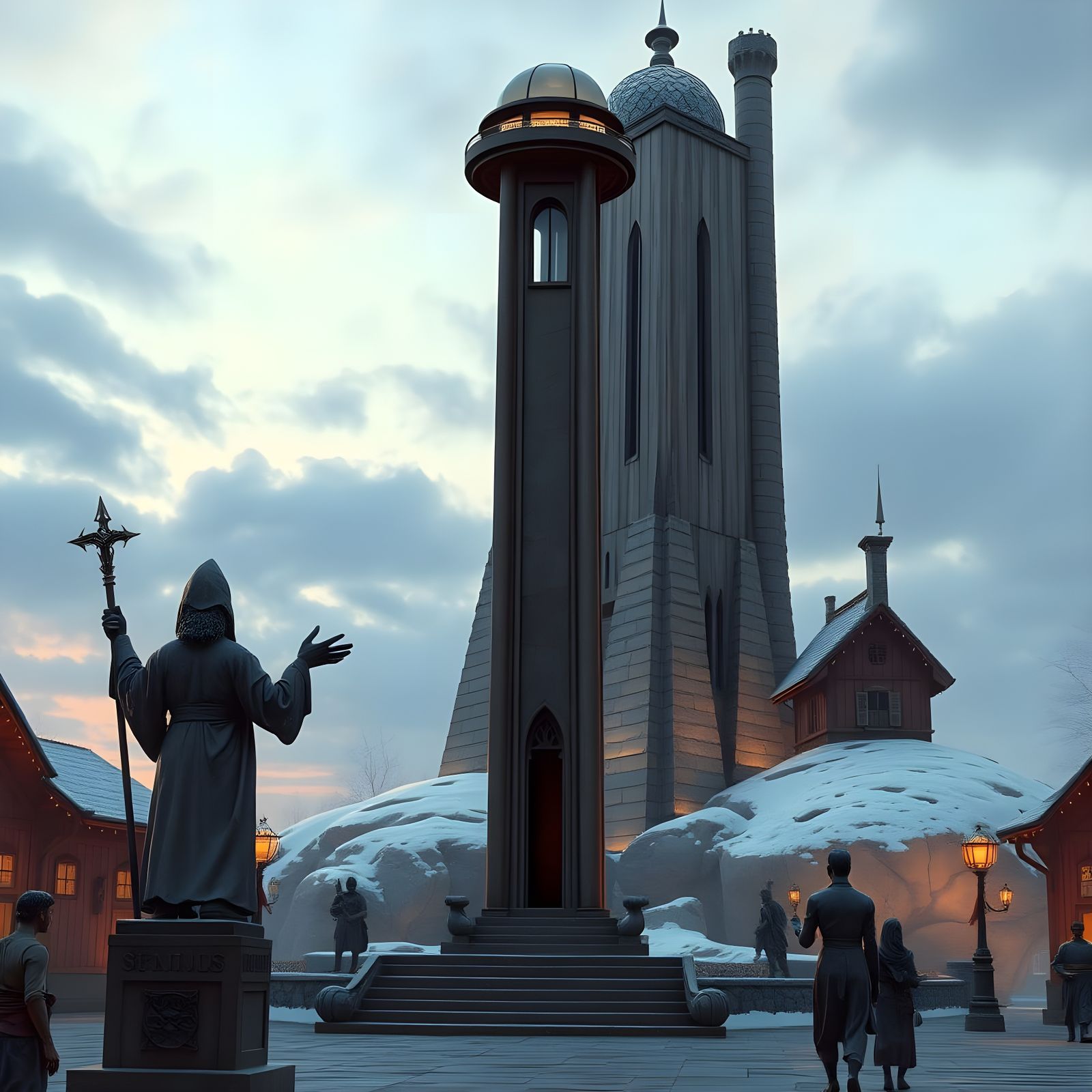 Northern City at Night, a Tower Surrounded by Statues