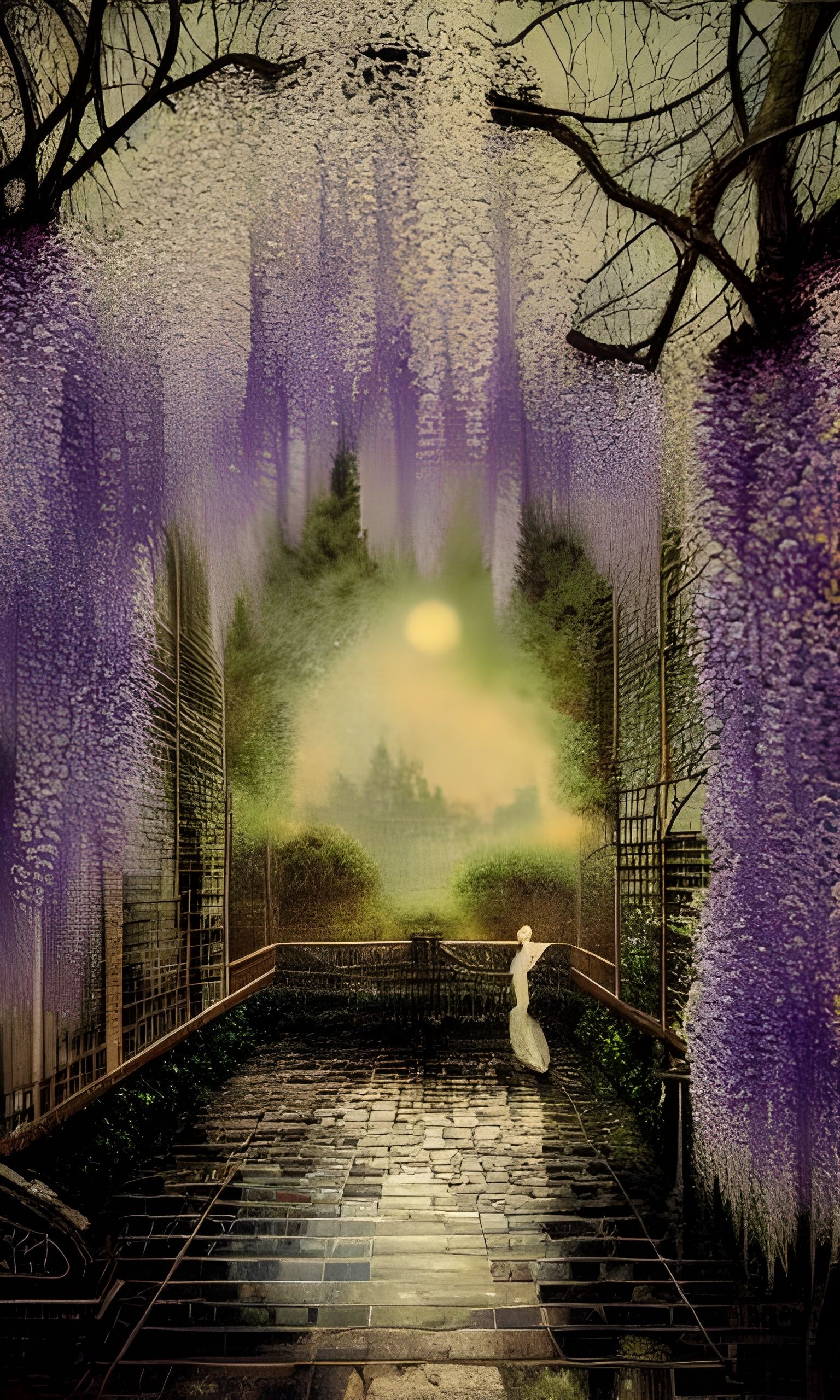 Moonlit Wisteria Garden: Intricate Mixed Media Illustration
