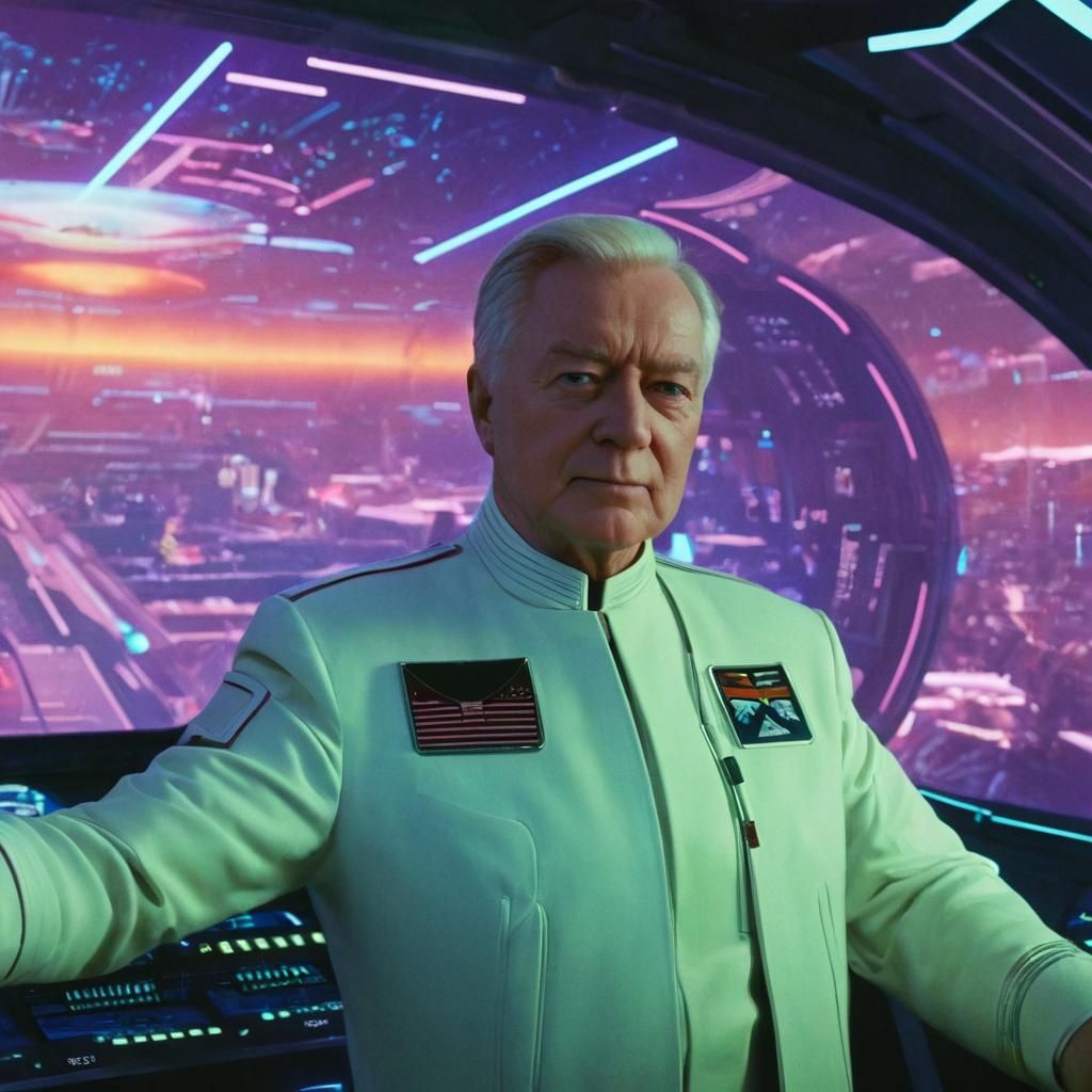 Spaceship Captain in Neon Lit Spacecraft Interior