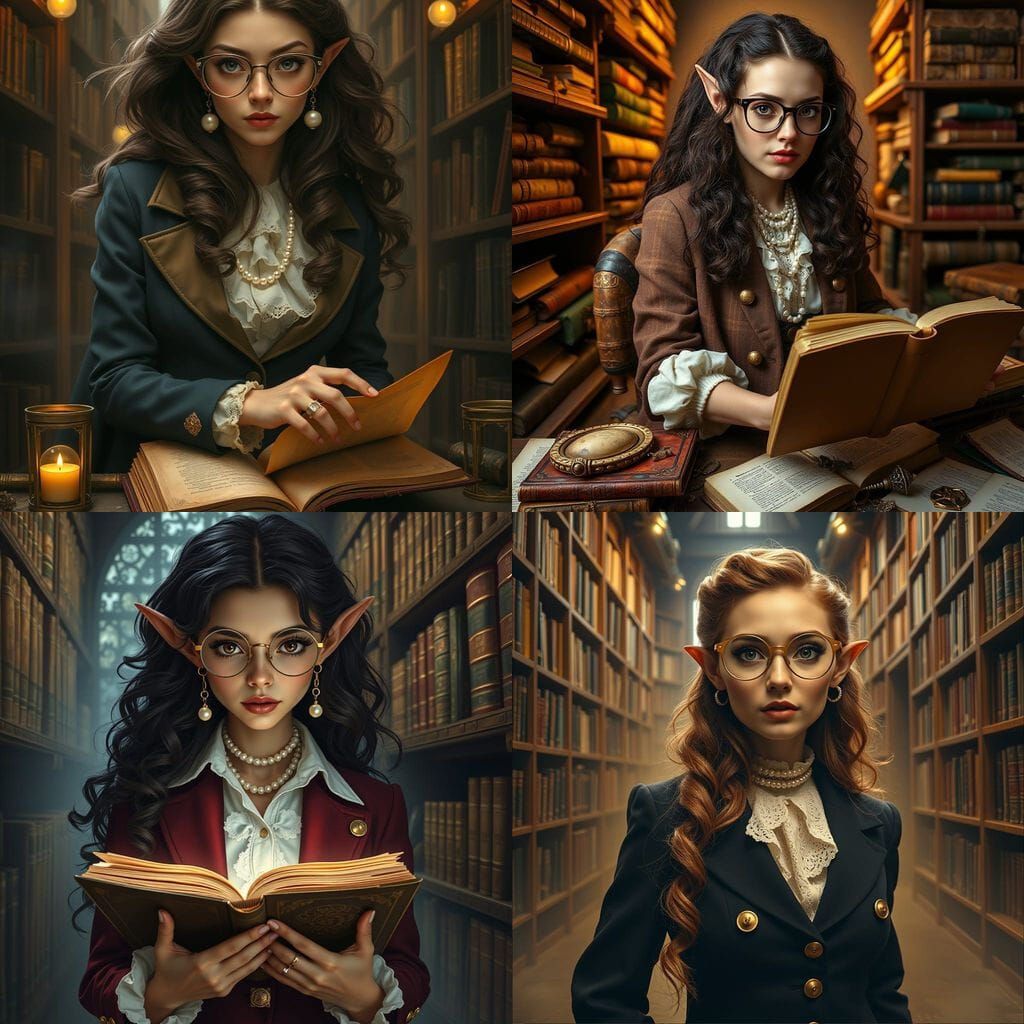 Steampunk Half-Elf Magician in Vast Library