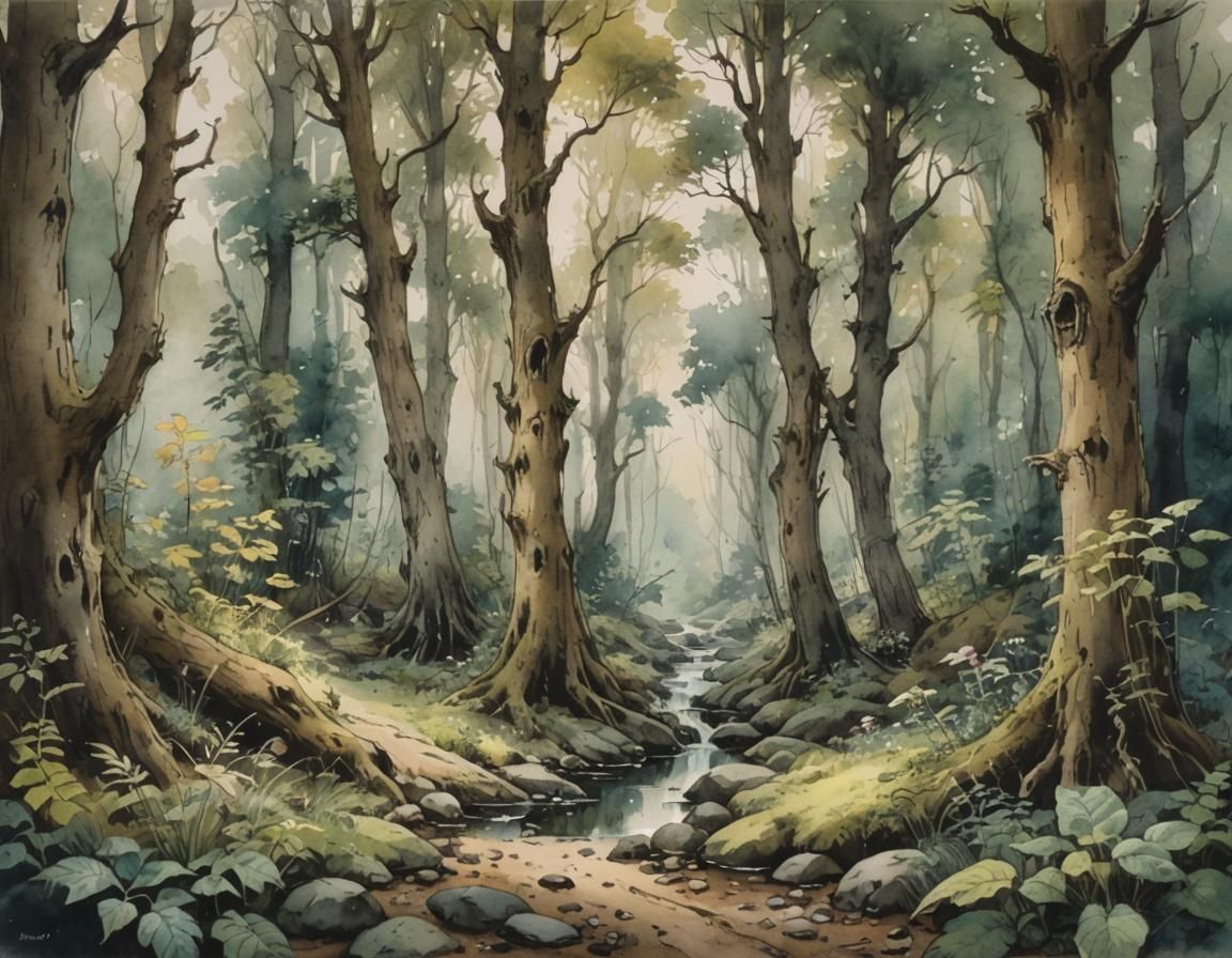 Enchanted Fairy Forest in Watercolor and Ink
