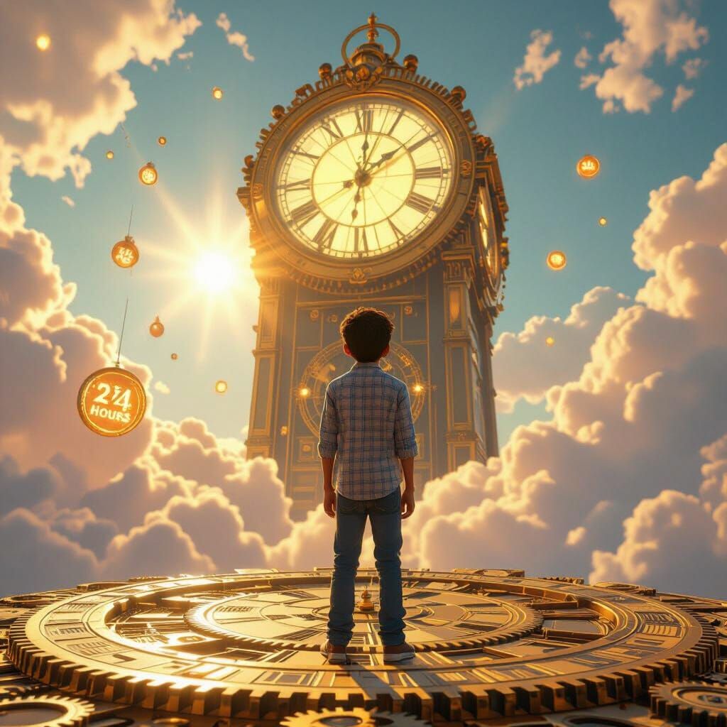 Boy Gazes at Golden Clock in Animated Sky