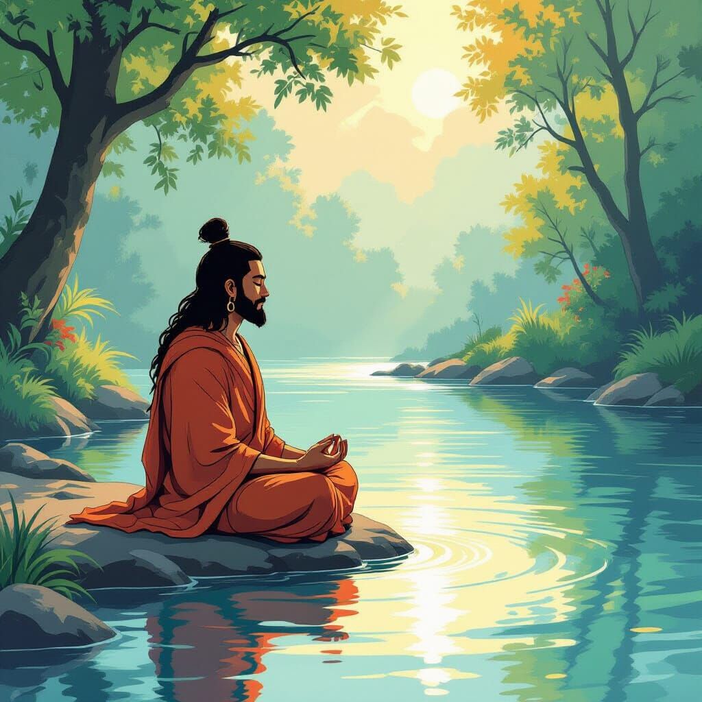 Siddhartha Meditating by River in Comic Style