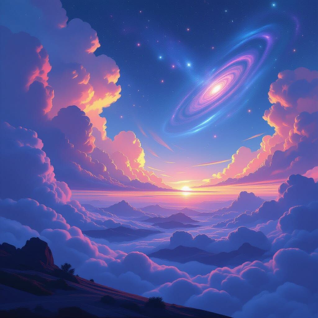 Surreal Cosmic Landscape with Swirling Galaxies