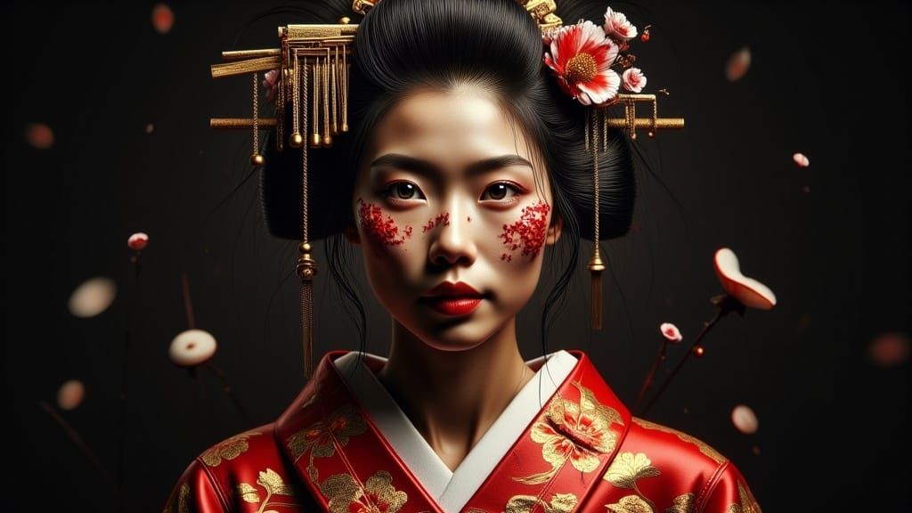 Geisha in Gold and Red Kimono with Streetwear