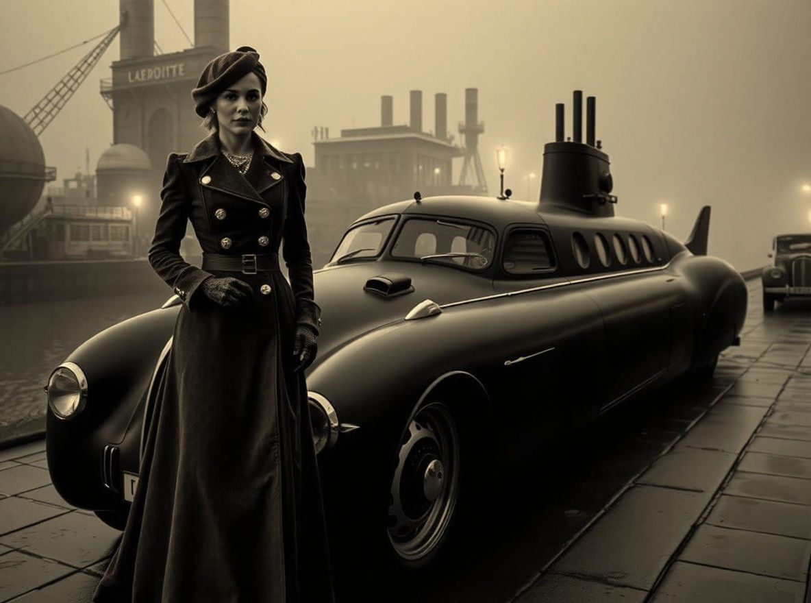 Gothic Steampunk Lady by Retro Submarine-Car in Foggy London...