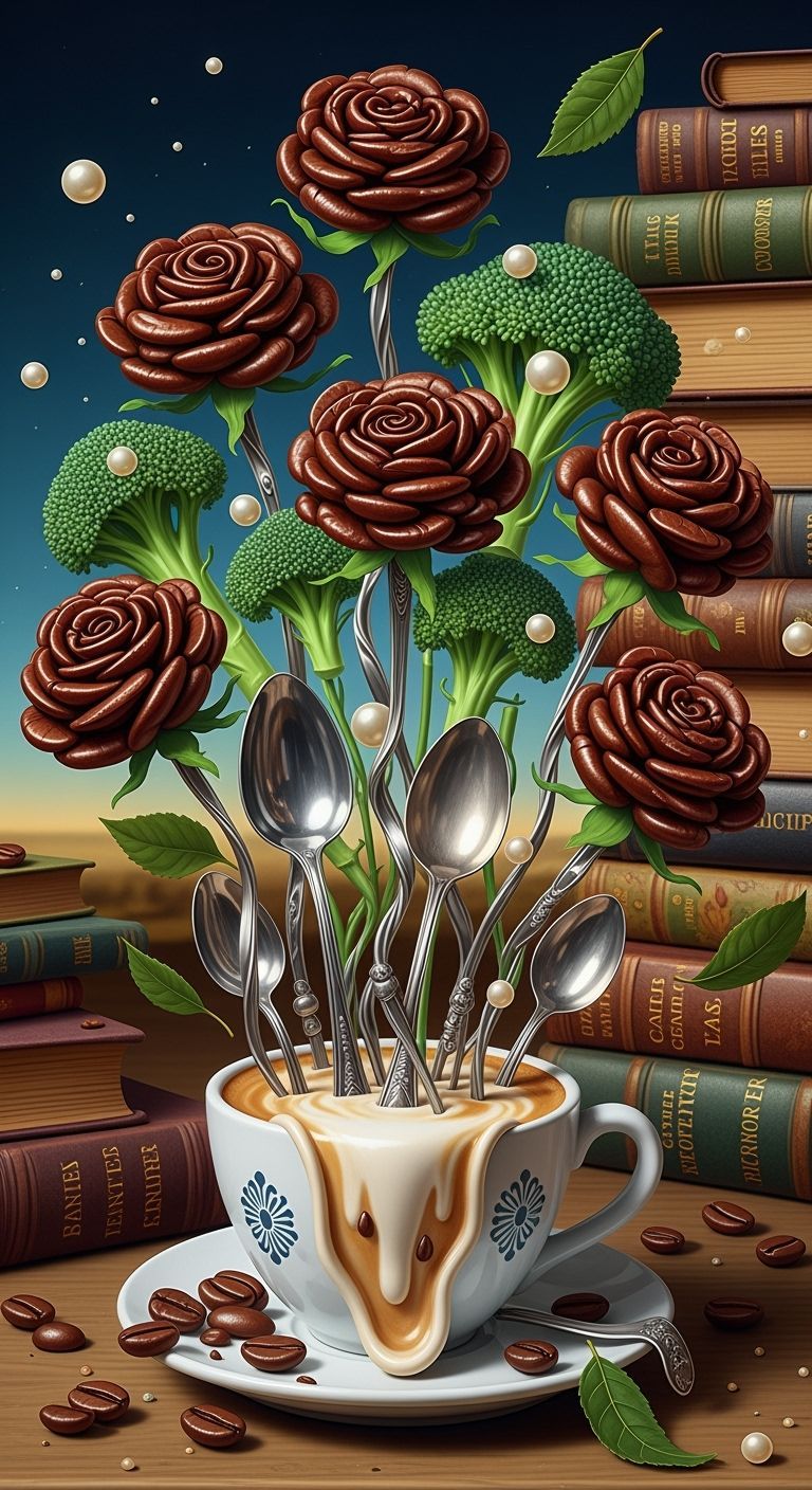Surreal Coffee Bean Floral Arrangement in Digital Painting S...
