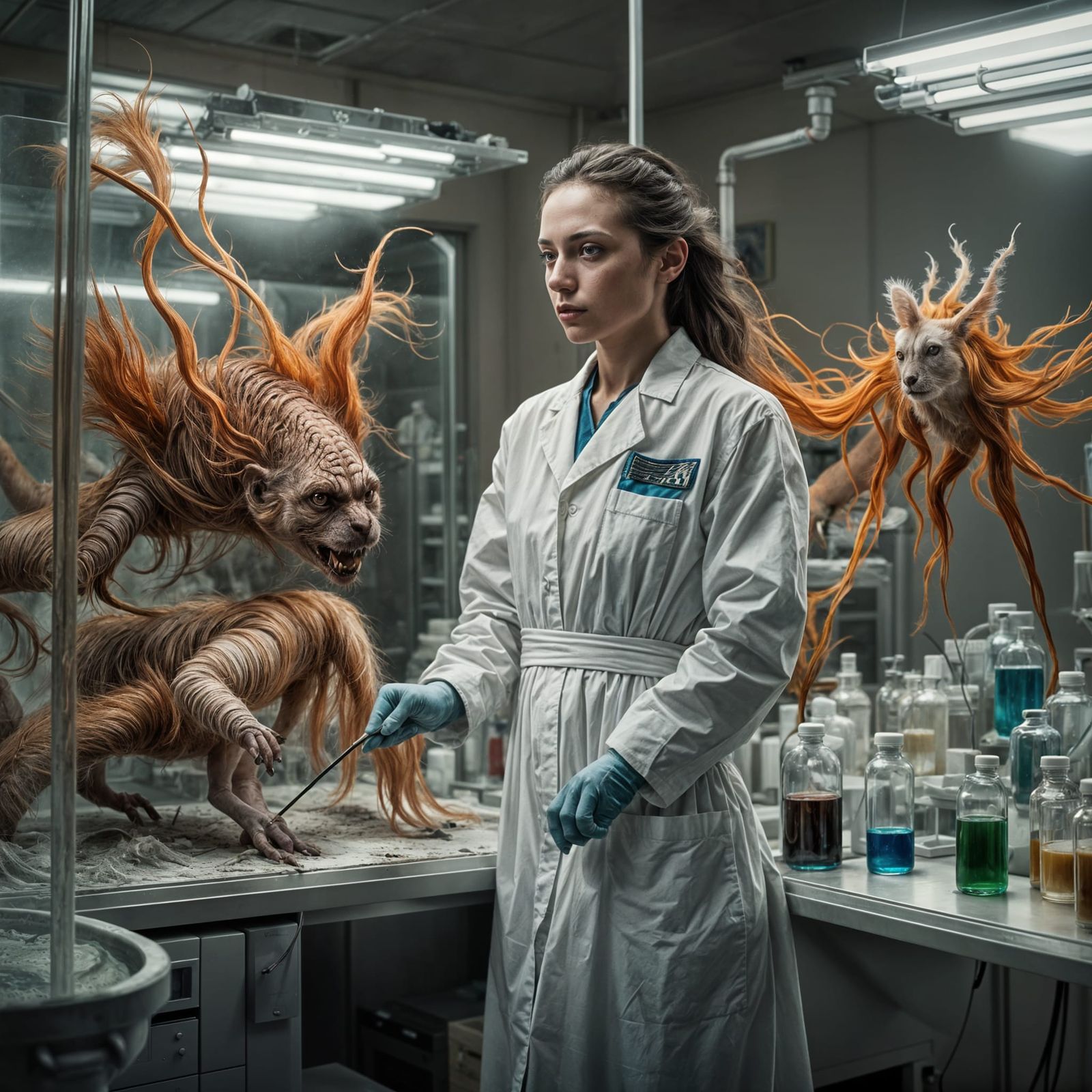 Surreal Laboratory Portrait with Bizarre Creatures