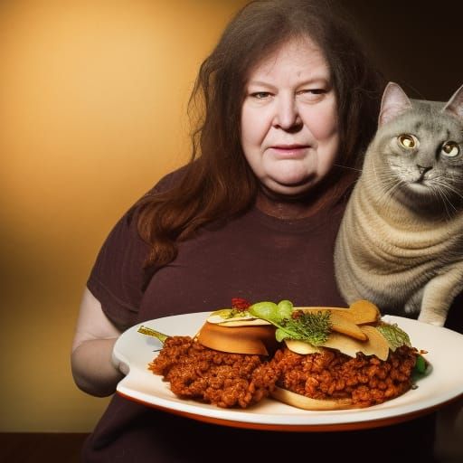 Lady Folk Singer and her fat cat enjoying dinner