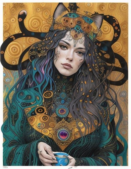 Surreal Cat Ink Drawing in Klimt Style