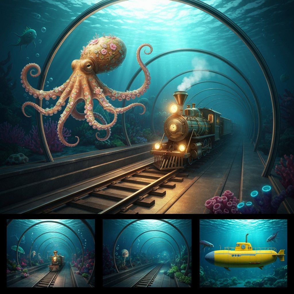 Rococo Octopus Leads Steampunk Train Undersea