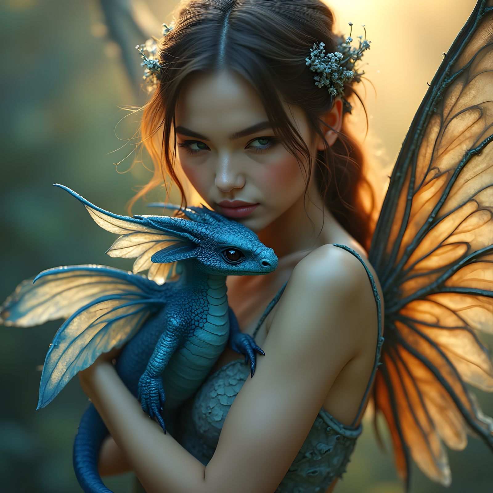 Beautiful Fairy Hugs Baby Dragon in Dreamlike Sunset
