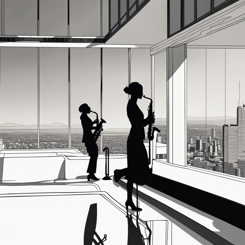 Saxophonist Silhouette in Autumn, Minimalist Line Art