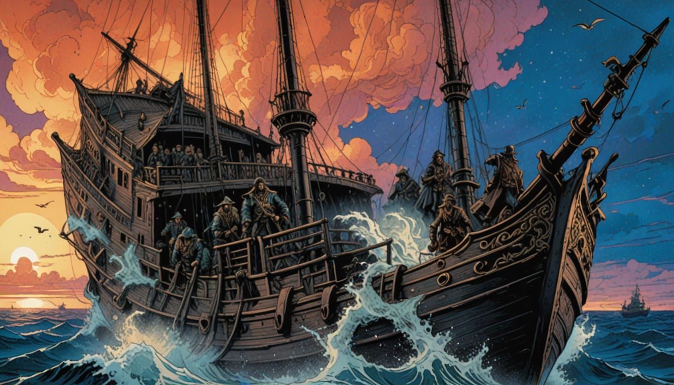 Pirate Ship Battles in Baroque Etching Style