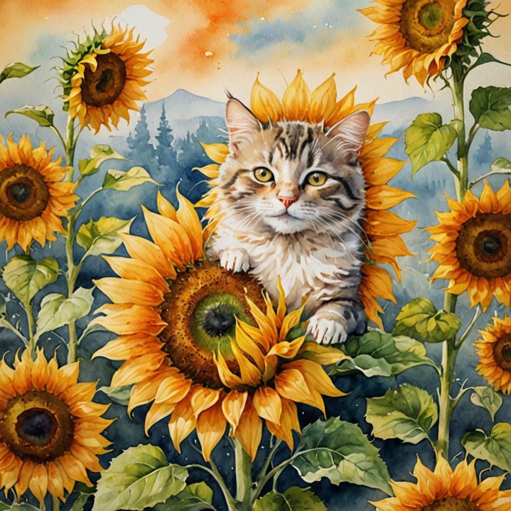 Watercolor Sunflower with Sleeping Mouse and Cat