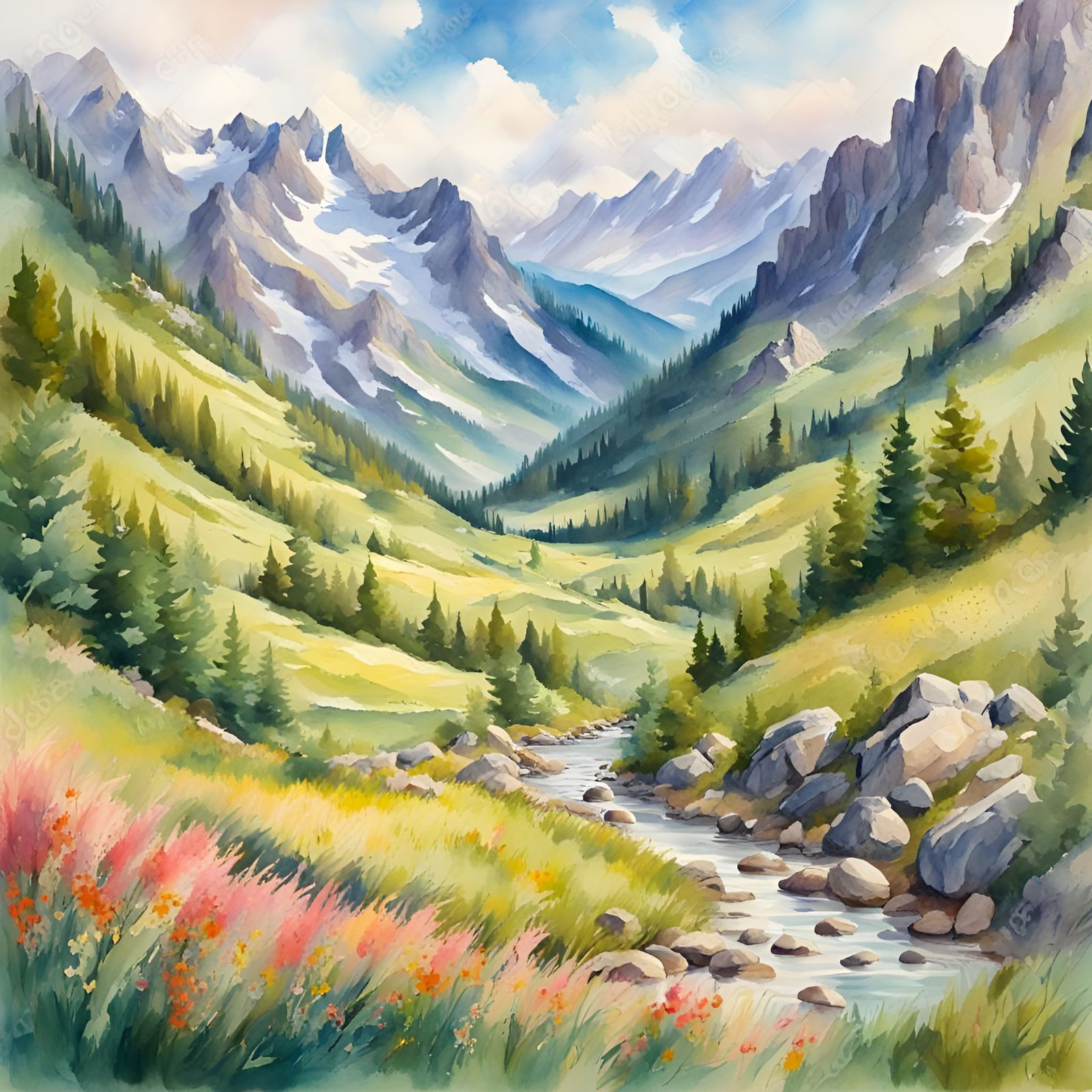 Alpine Valley: Detailed Watercolor in Gouache Style
