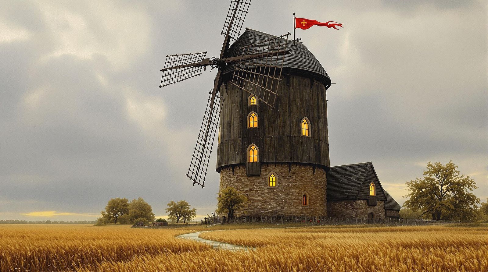 Medieval Windmill in Empty Wheat Field