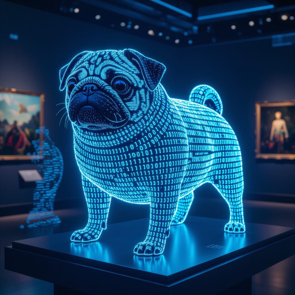 Pug Sculpture of Binary Code in Museum