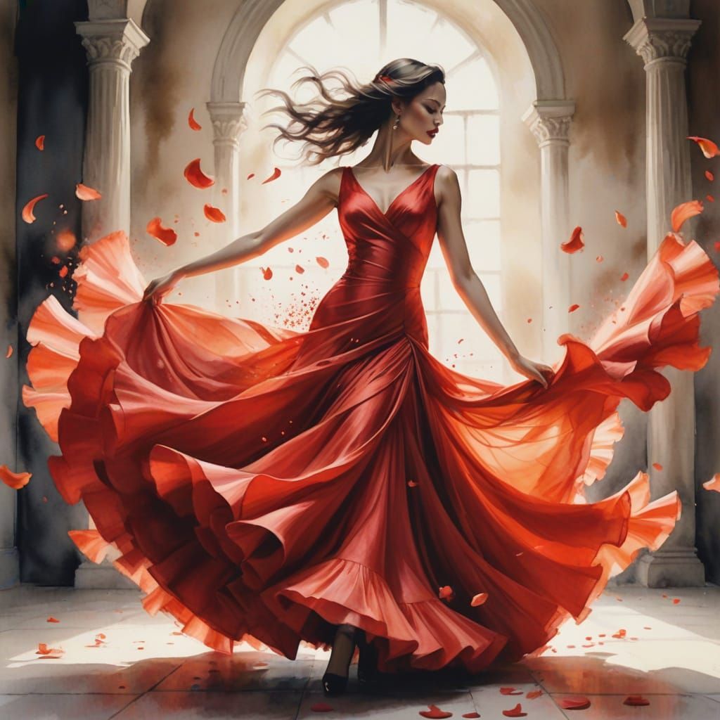 Flamenco Dancer in Watercolor, Anime Surreal Style