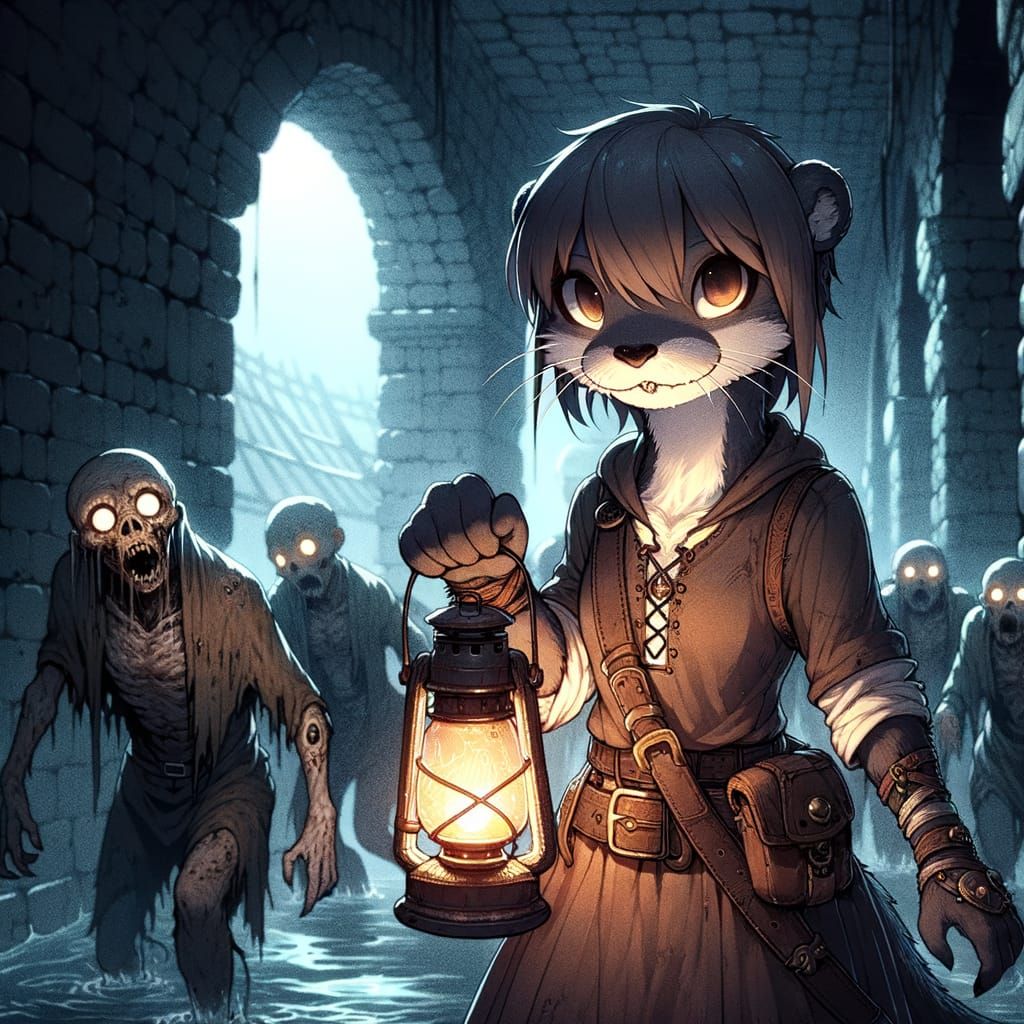 Anime Otter Warrior in Dungeon Confronts Zombie Horde