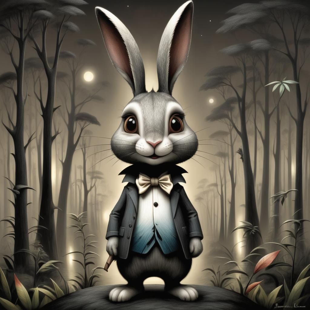 Anthropomorphic Rabbit Visits Madagascar in Charcoal Style
