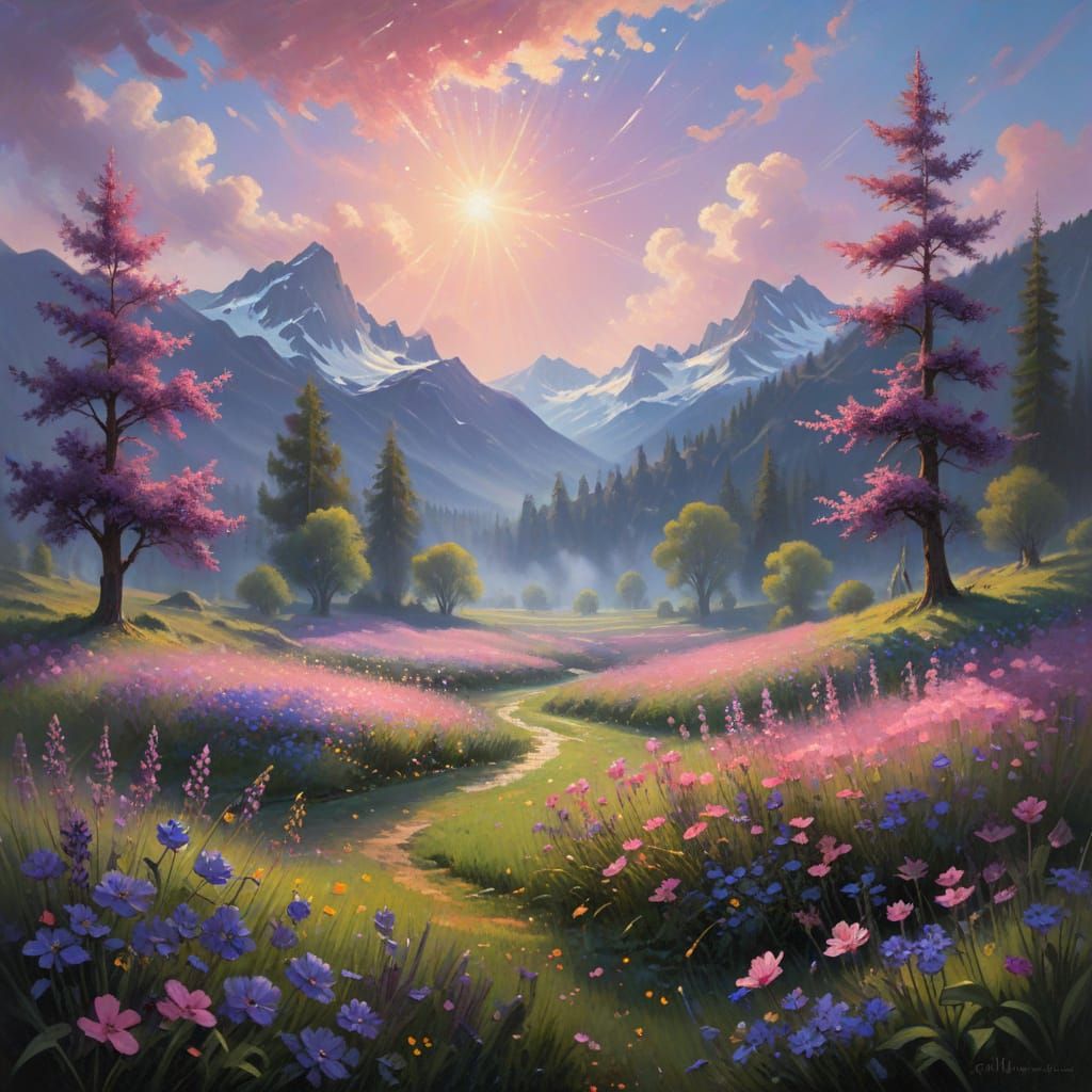 Vibrant Bioluminescent Blooms in an Impressionist Meadow Sce...