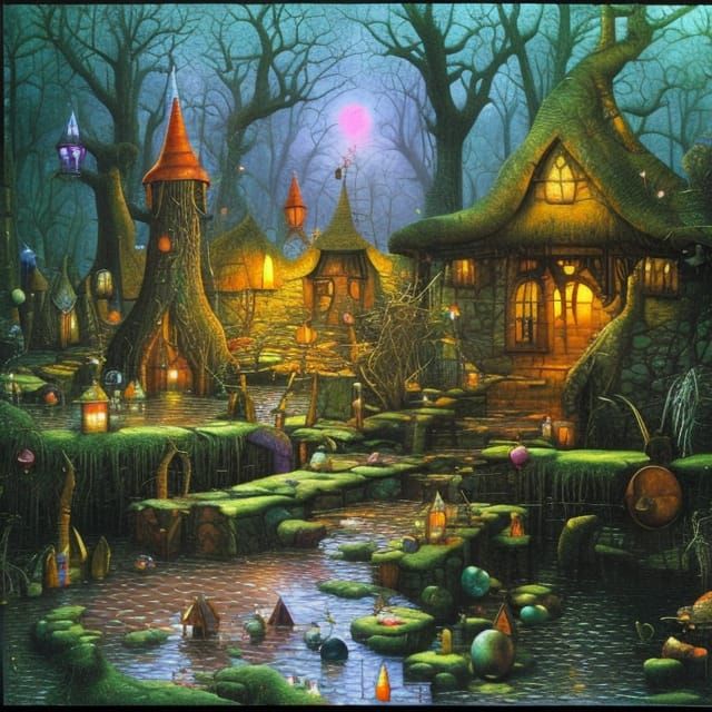 Magical Wizard's Hut in Swamp, Detailed Digital Illustration