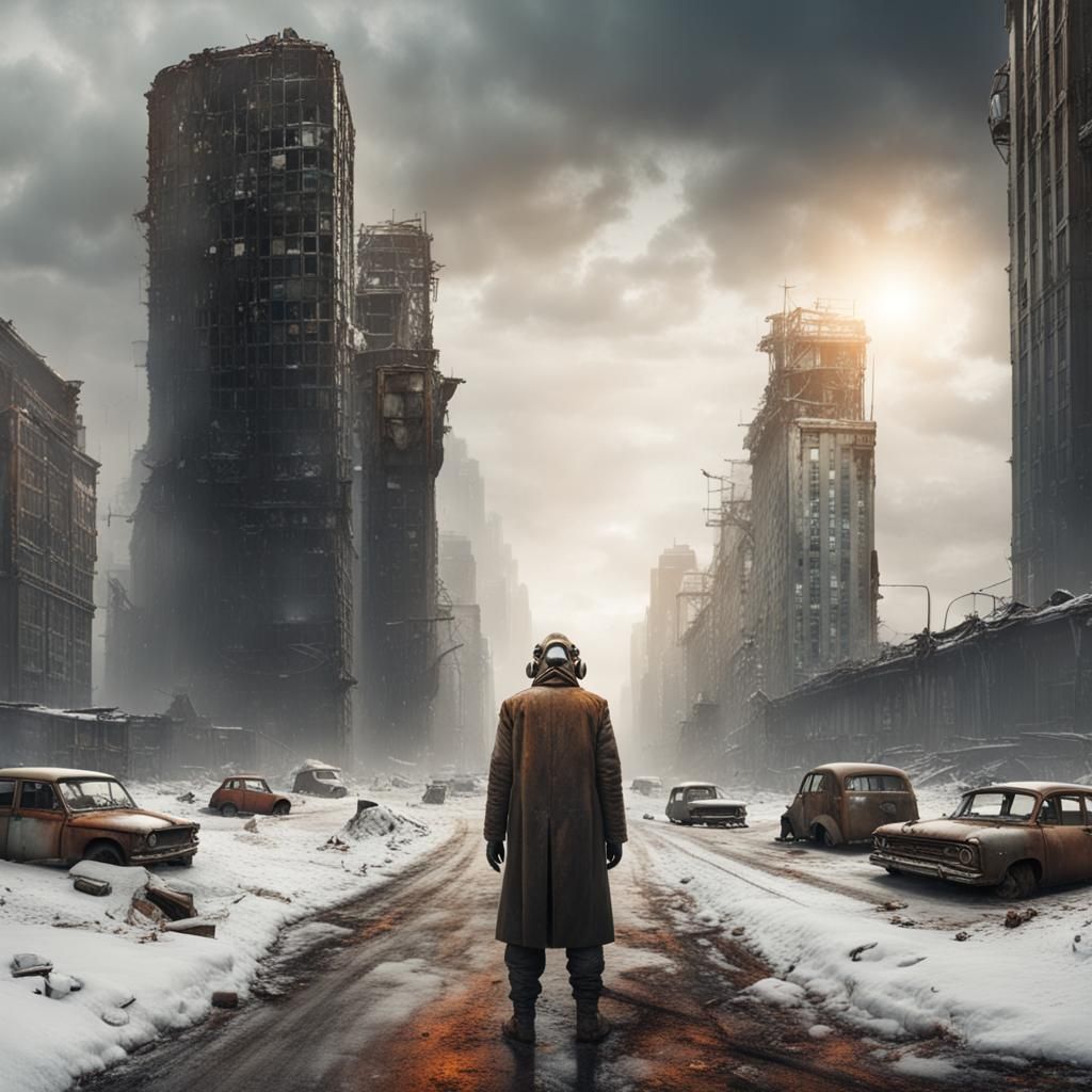 Apocalyptic Snowscape: Ruined City with Lone Survivor