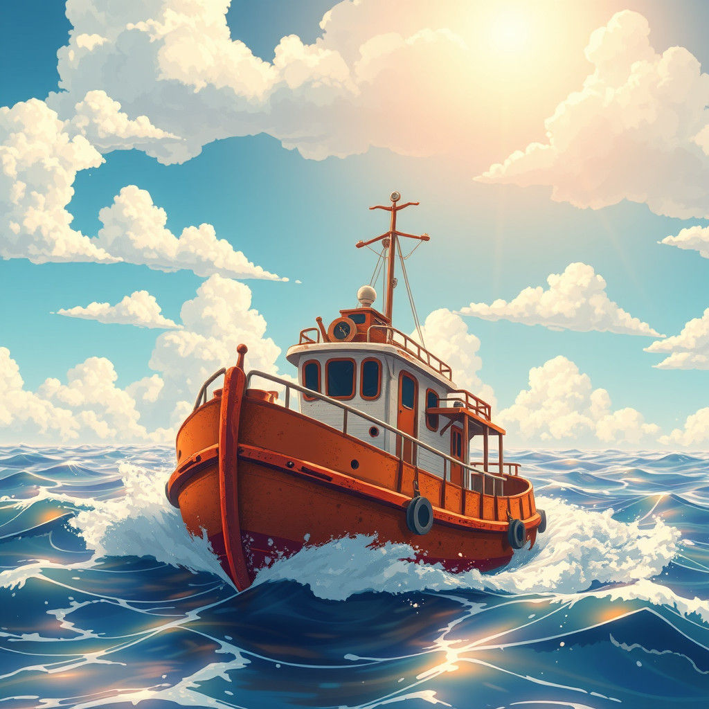 Whimsical Tugboat on Sunlit Seas, Anime Style