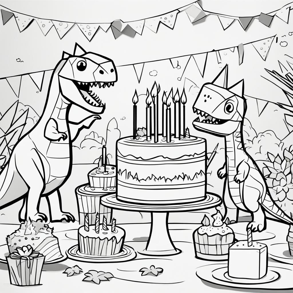 Dinosaurs Celebrate Birthday: Black and White Coloring Page