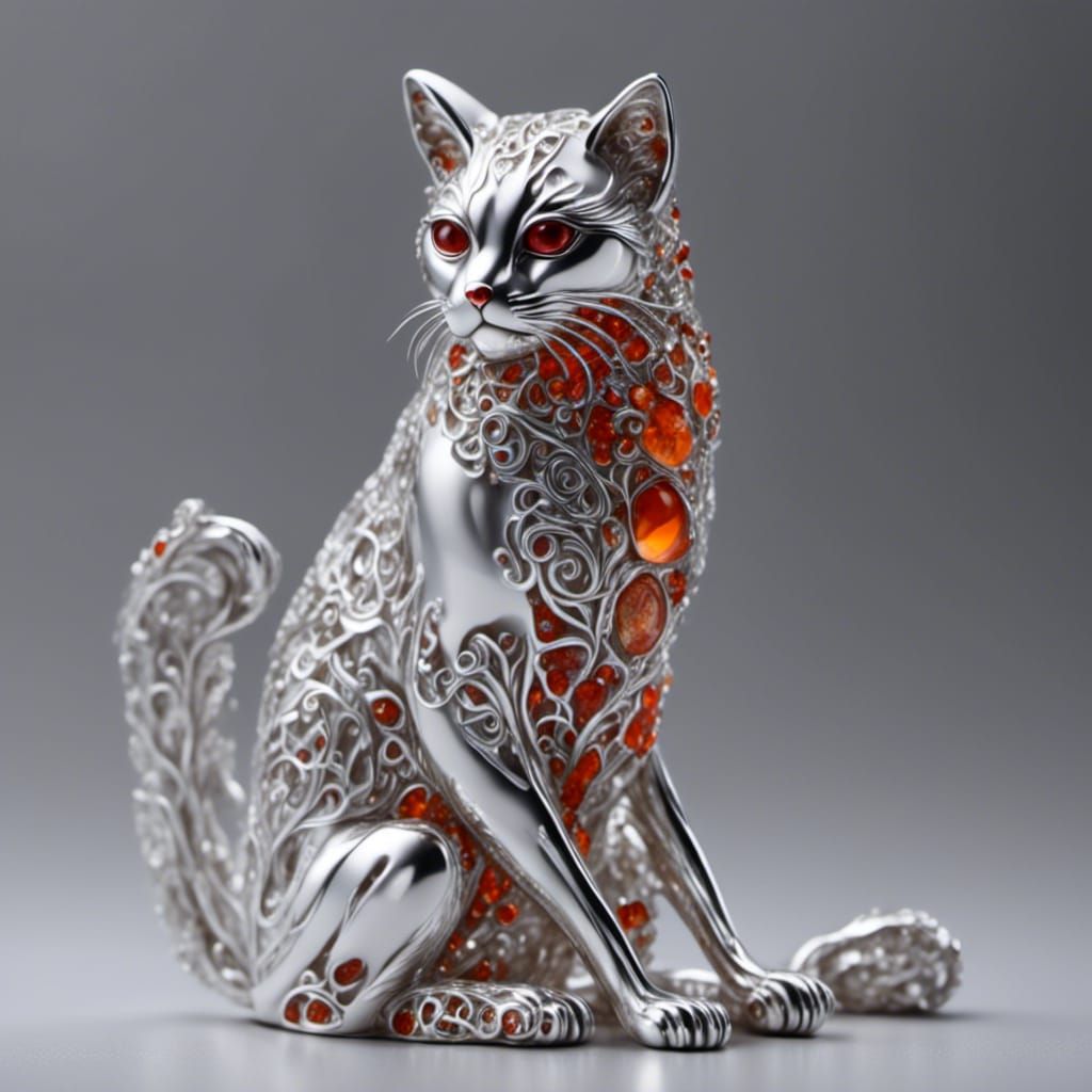 Red-Orange Chalcedony Cat Sculpture in Museum Style