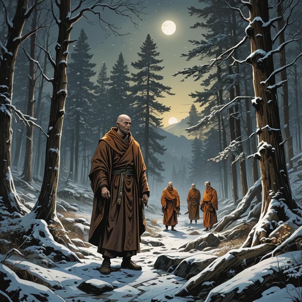 Monks in Moonlight Forest: Comic Book Art