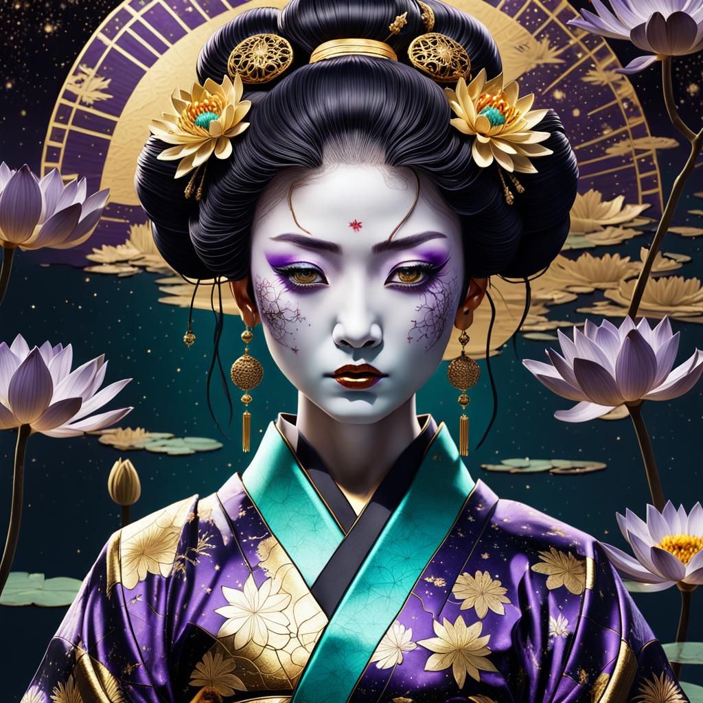 Cracked Porcelain Geisha in Dark Fantasy Digital Art
