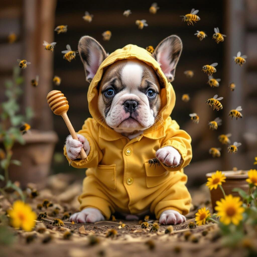 French Bulldog Beekeeper in Rustic Apiary, Impressionist Sty...