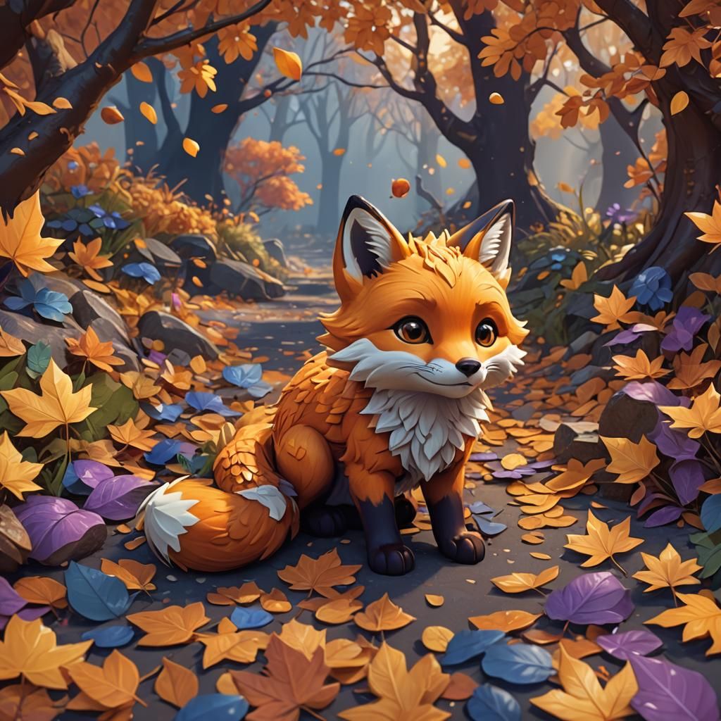 Chibi Fox Playing in Autumn Leaves