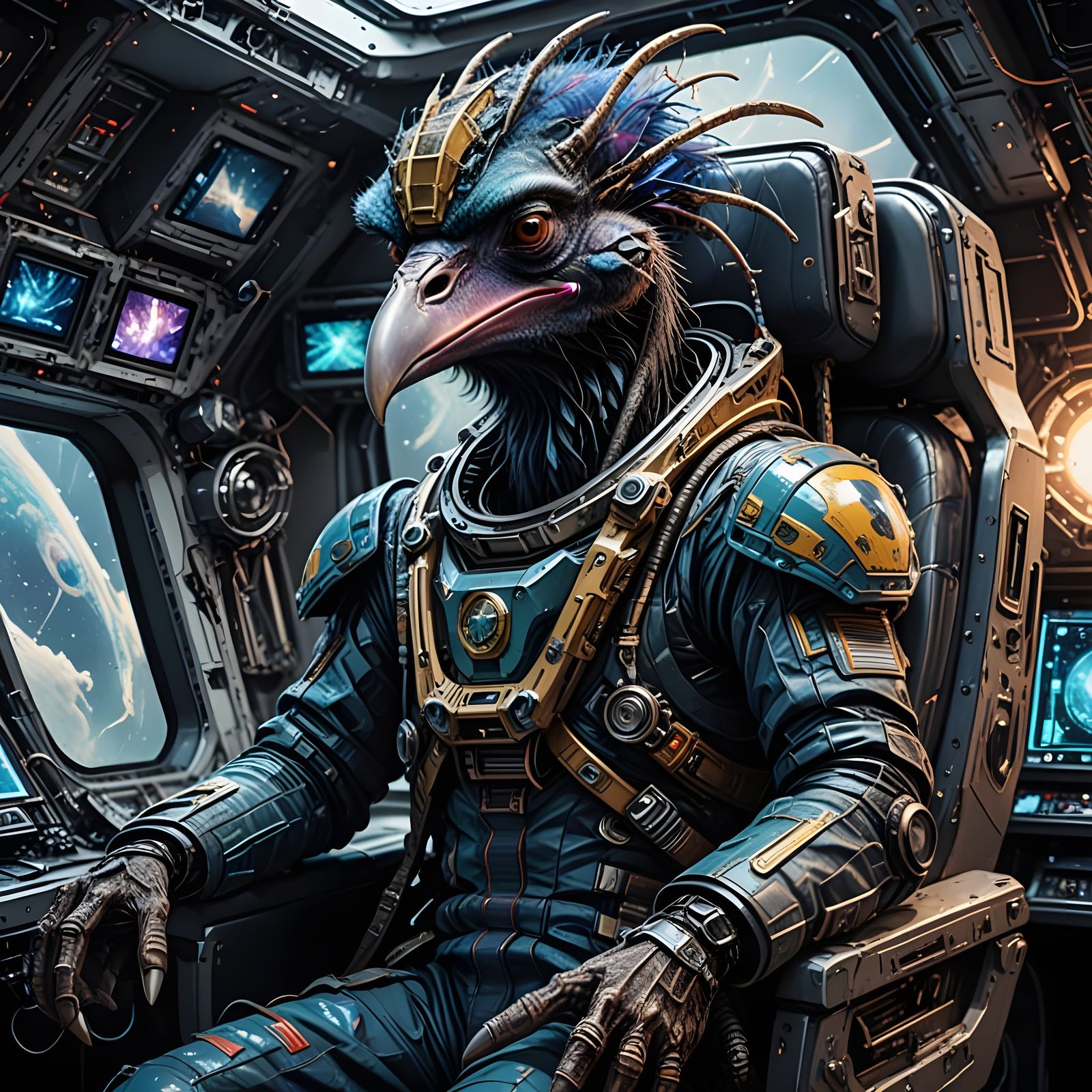 Cyberpunk Alien Astronaut in Spacecraft Throne