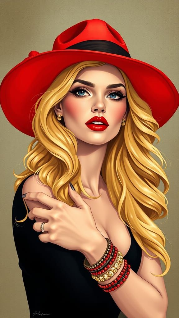 Sensuous Woman in Red Hat, Alphonse Mucha Style