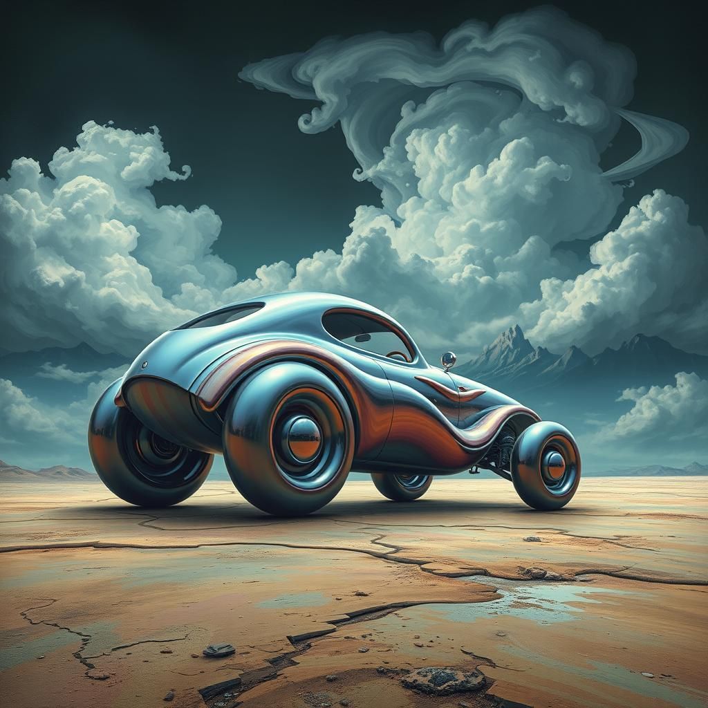 Surrealist Dream Vehicle in a Distorted Landscape