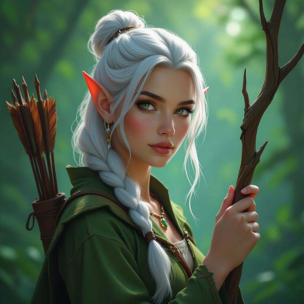 Wood Elf in Lush Forest, Detailed Matte Painting