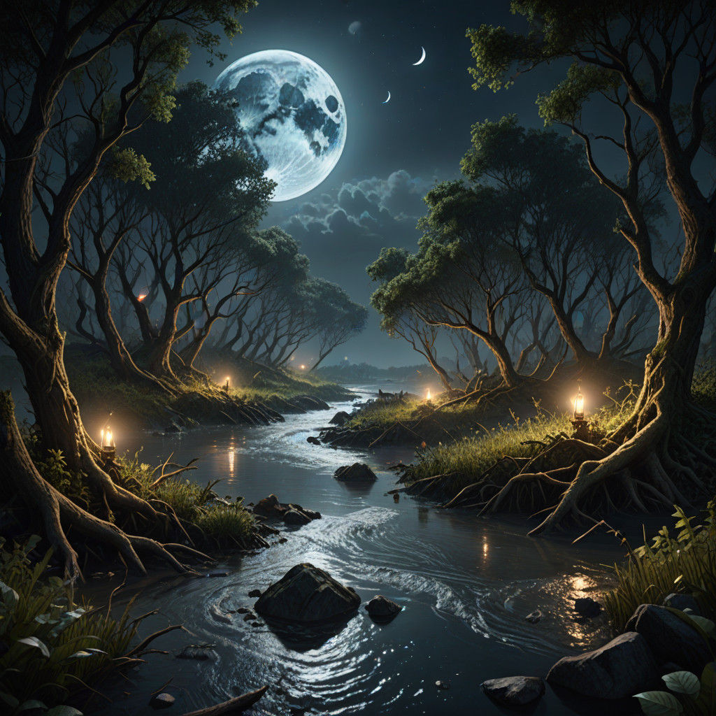 Moonlit River Landscape with Forgotten Water in the Thicket