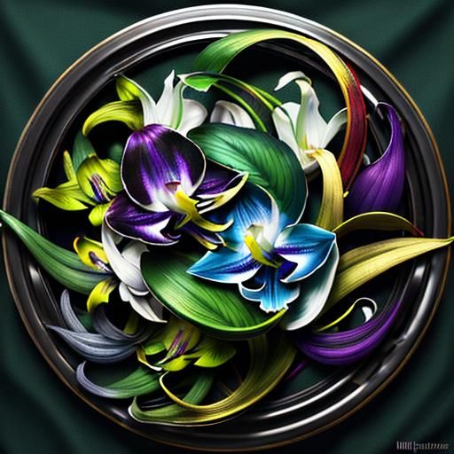 Colorful Abstract Composition with Lilies, Orchids and Faces
