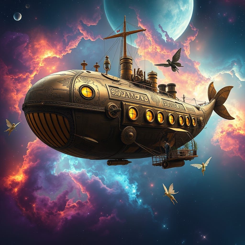 Steampunk Whale Airship Gliding Through Nebula