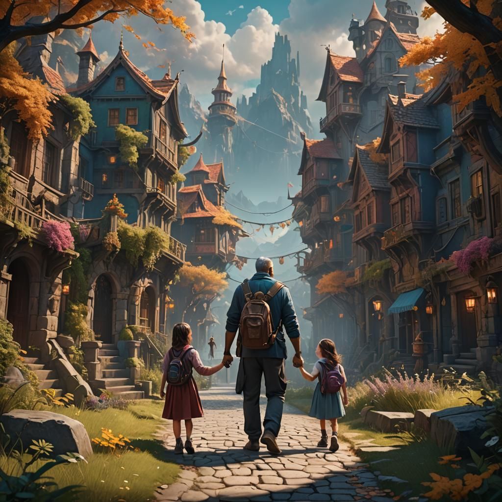 Father and Daughter Walking, Detailed Matte Painting