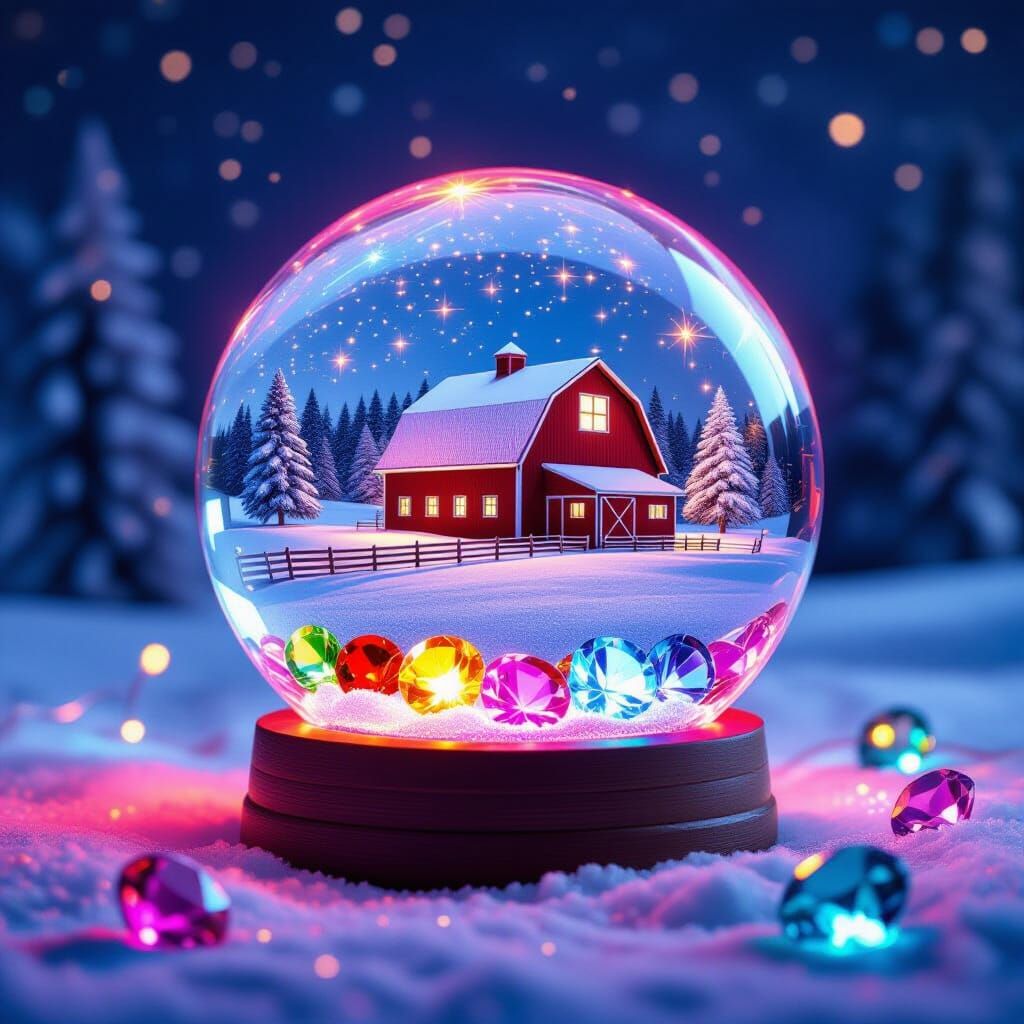 Neon Crystal Ball Reveals Snowy Farm Scene