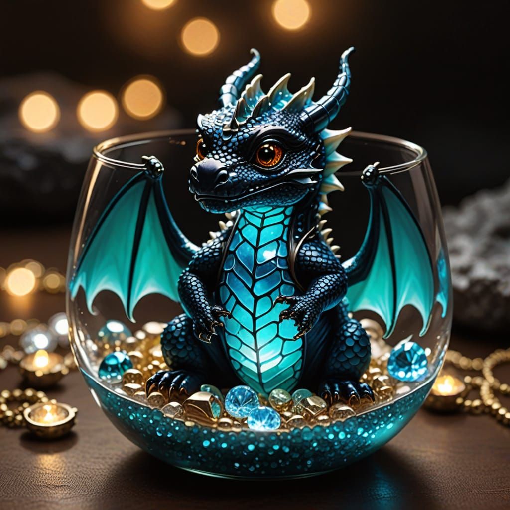 Miniature Dragon in Glass of Glowing Jewels