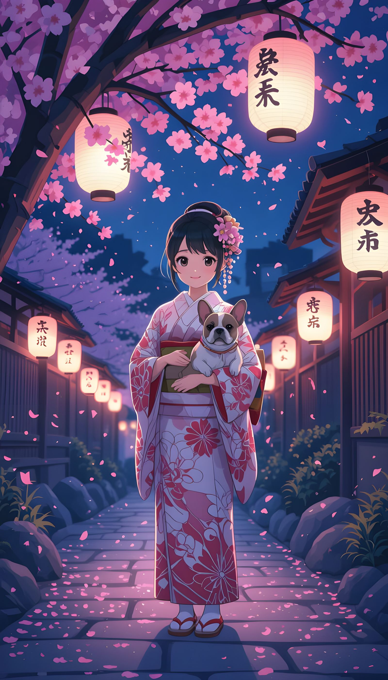 Anime Girl with Dog Under Cherry Blossoms