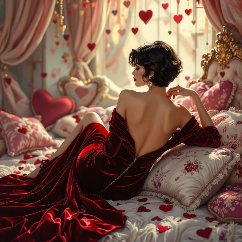 Elegant Woman in Red Gown in Whimsical Room