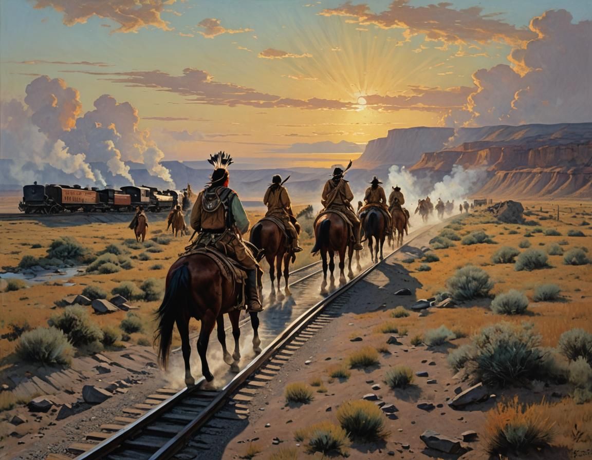 Native Americans Observe Railroad Track at Sunset