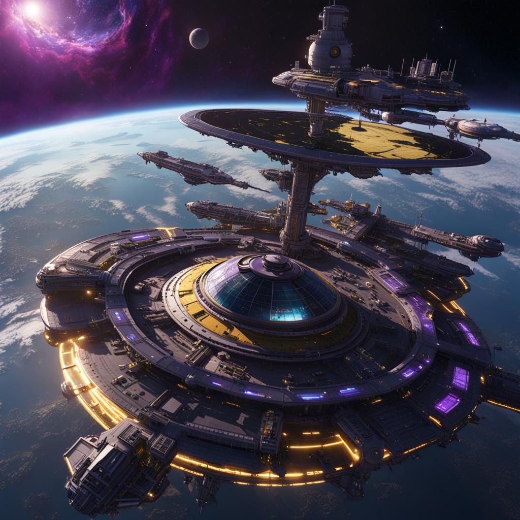 Earth Orbiting Space Station in Dark Fantasy Style